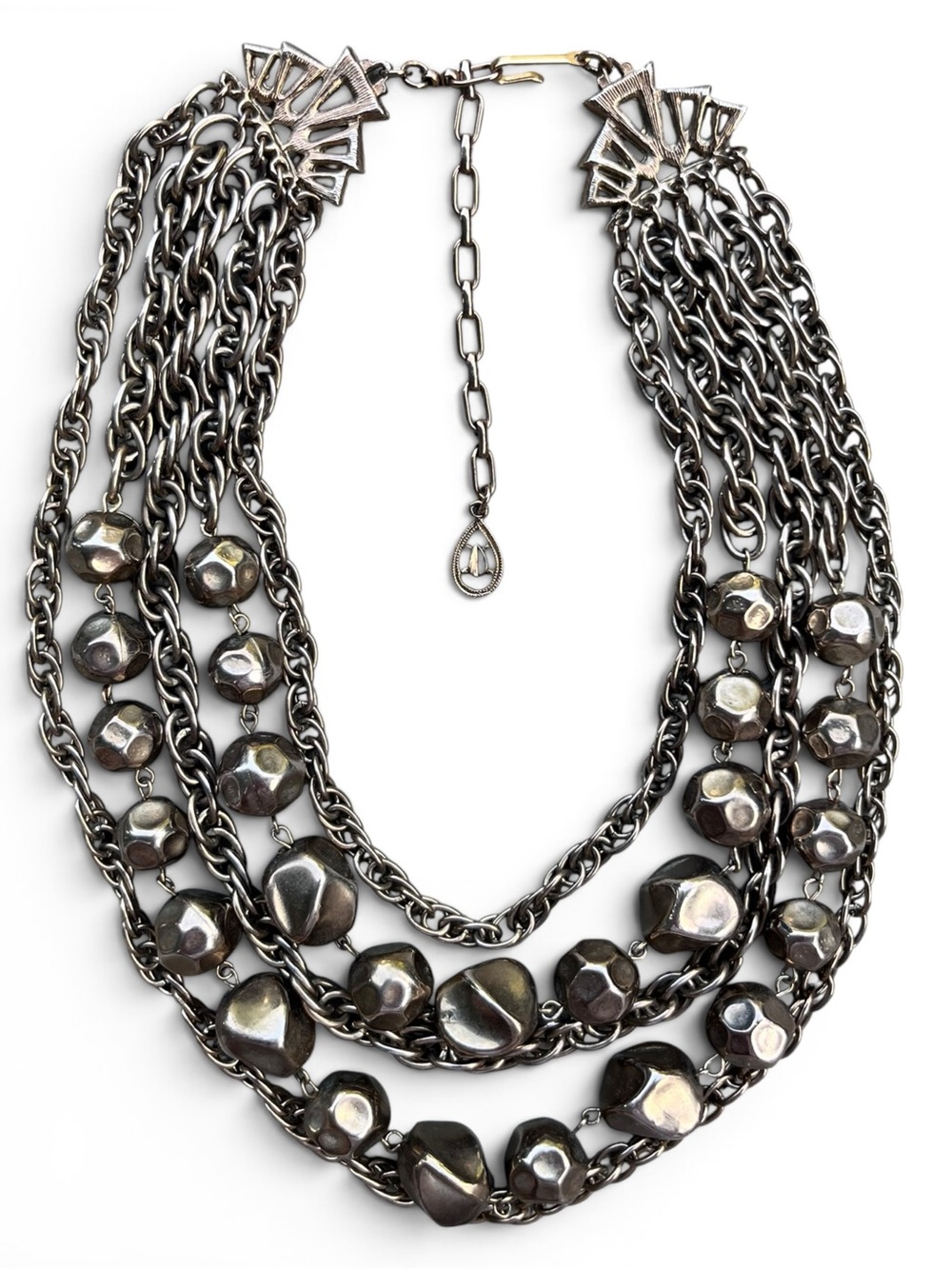 Vintage 70s Multi-Strand Silver Tone Chunky Brutalist Necklace w/ Art Deco Clasp